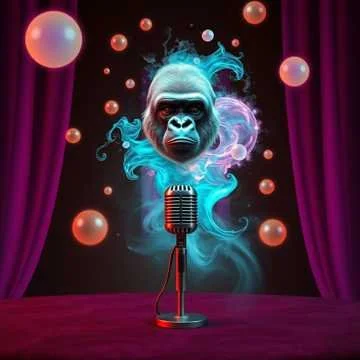 A digital illustration of a gorilla singing on stage with a vintage microphone surrounded by colorful bubbles and smoke effects, purple stage curtains in the background.