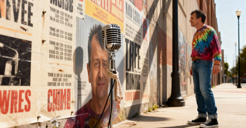 A man in a colorful tie-dye sweater and jeans standing on a sidewalk facing a wall covered with posters. There is a vintage microphone next to him, attached to the wall, with a cloth tied around it. The posters include images and text, with one large