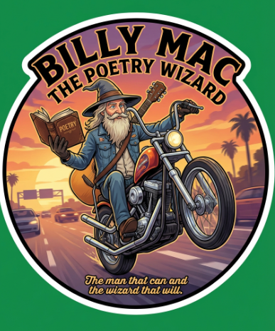 A cartoon illustration of Billy Mac, the poetry wizard, riding a motorcycle with a sunset and palm trees in the background. He wears a wizard's hat, glasses, and a denim jacket and holds a book titled 'Poetry.'