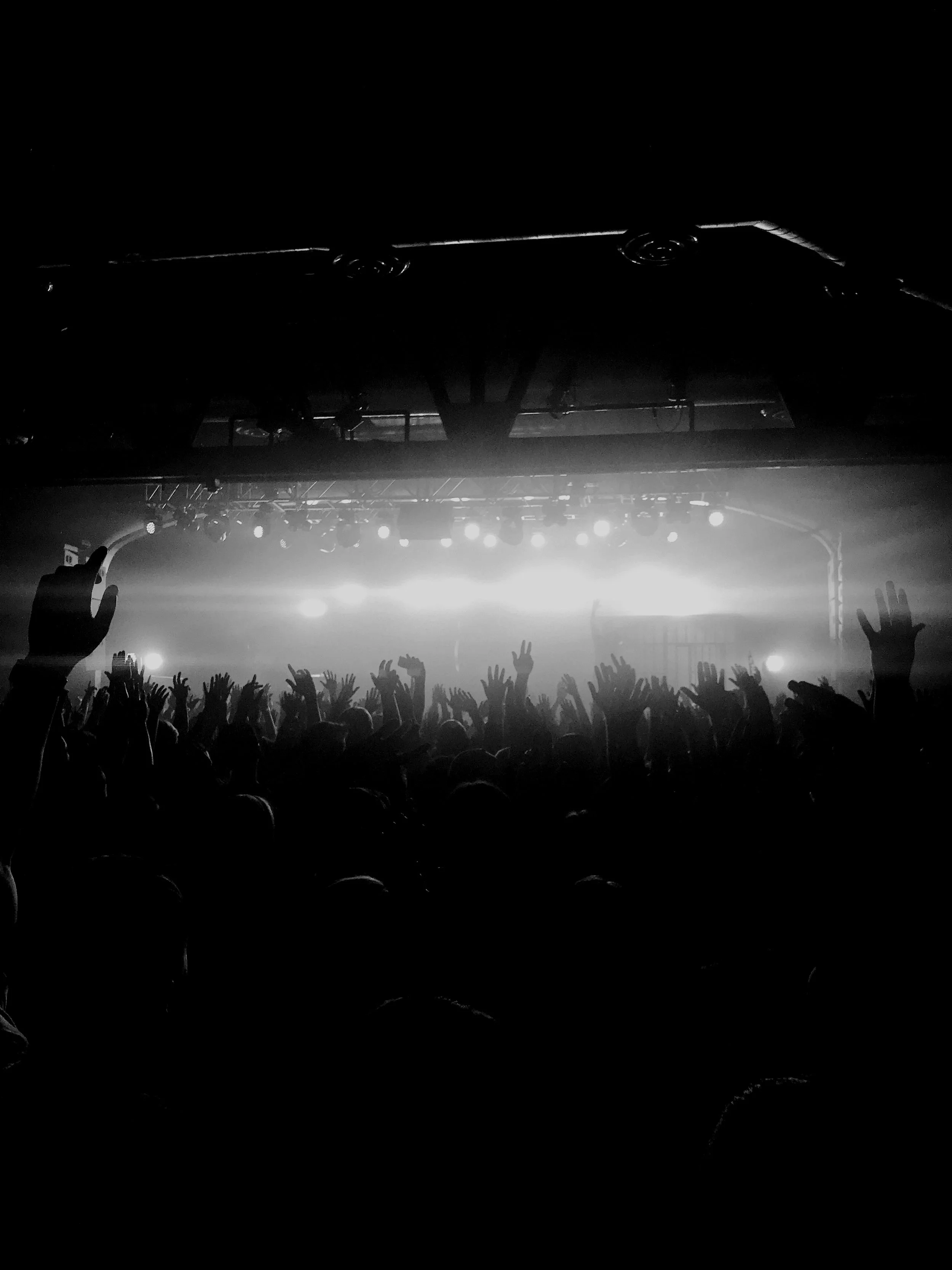 Dark concert scene with stage lights and silhouetted audience raising hands.