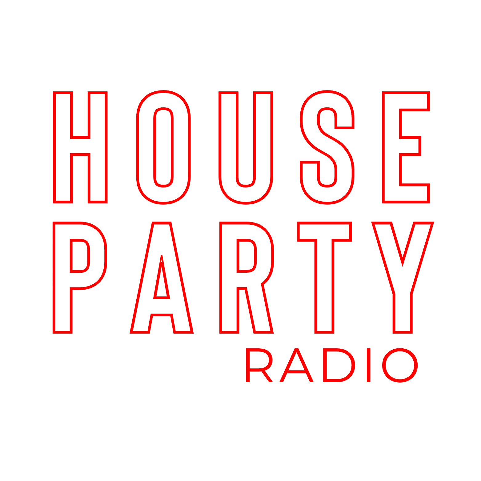 A neon sign with the words "HOUSE PARTY RADIO" in red outlined letters on a black background.