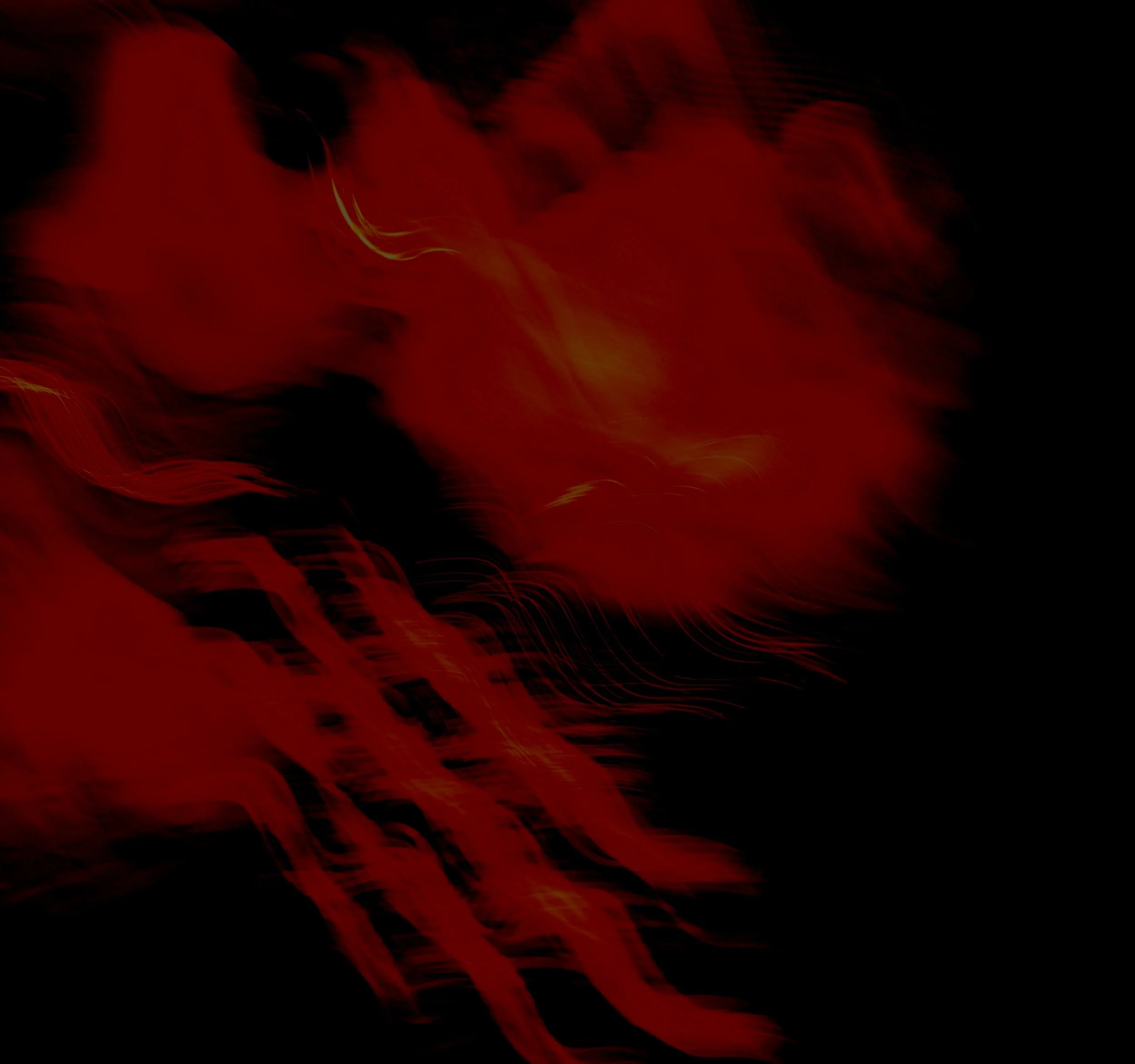 Abstract image with red and yellow fiery swirls on a black background.