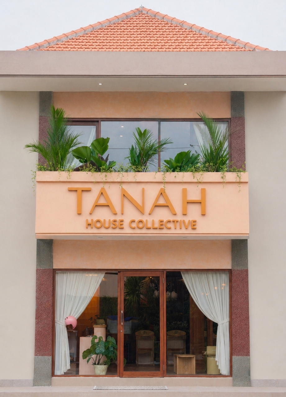 Front view of a building with a sign that reads 'TANAH HOUSE COLLECTIVE,' featuring a balcony with green plants, large windows, and glass doors with white curtains inside.
