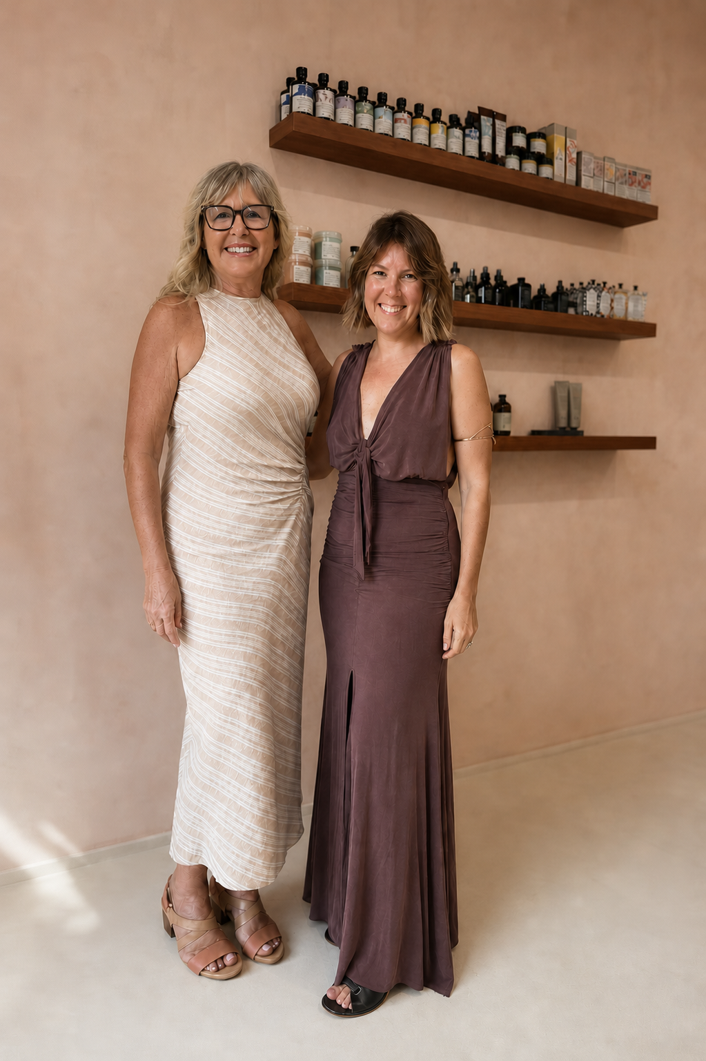 Two women standing together indoors in front of wall shelves with bottles and containers, smiling at the camera.
