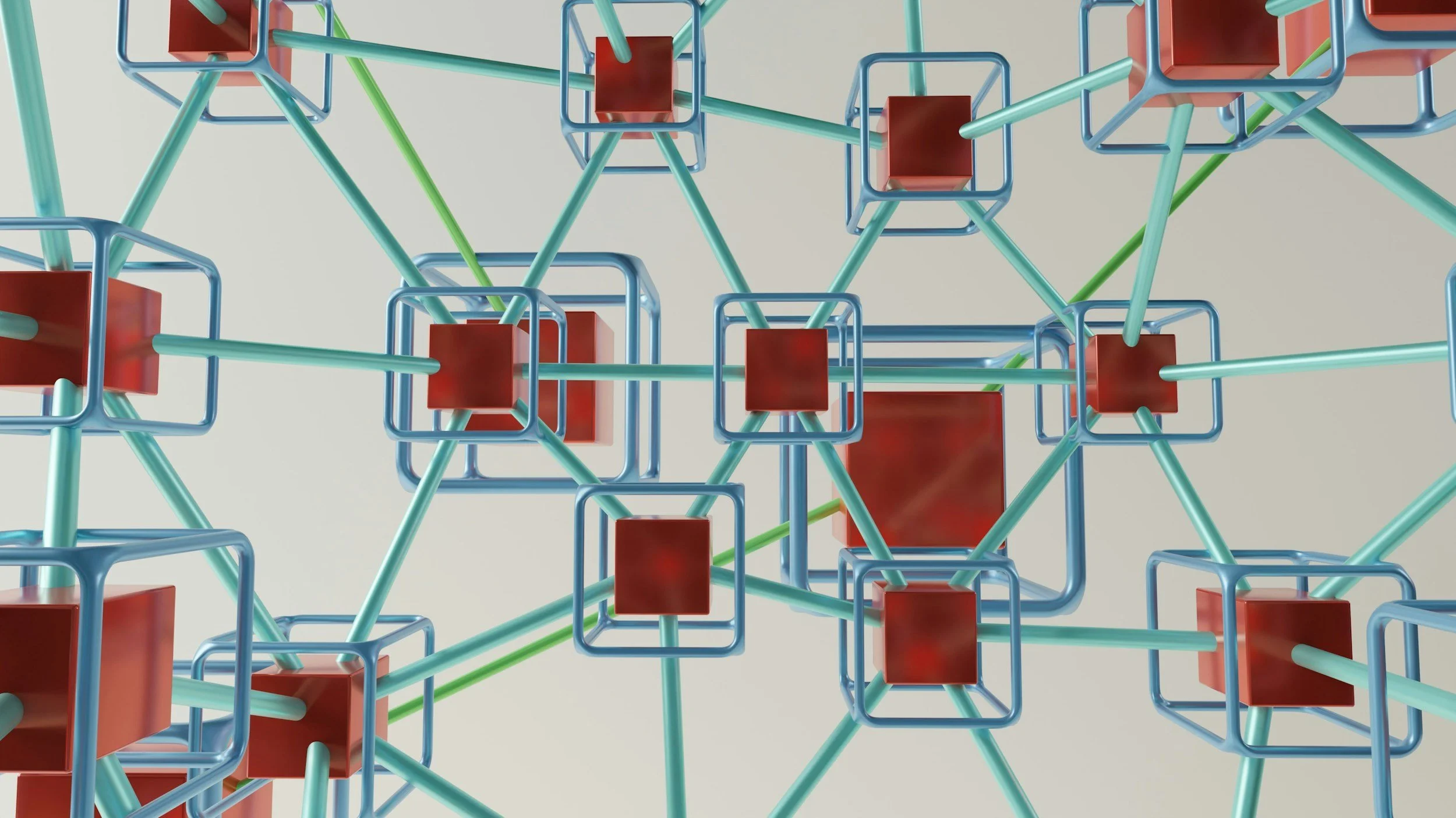 A 3D illustration of a complex network with interconnected blue and green lines and red cubes at intersections, resembling a molecular or blockchain structure.