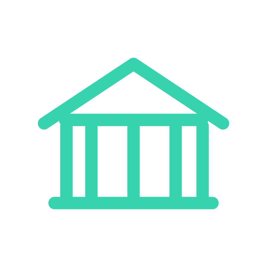 Outline of a government or financial institution building featuring columns and a triangular roof.