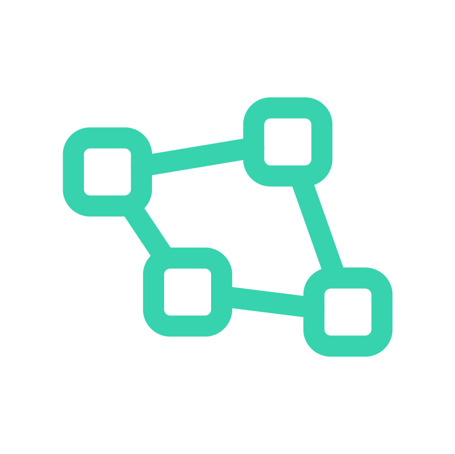 Icon of a connected network with four squares linked by lines, representing a blockchain or digital network concept.