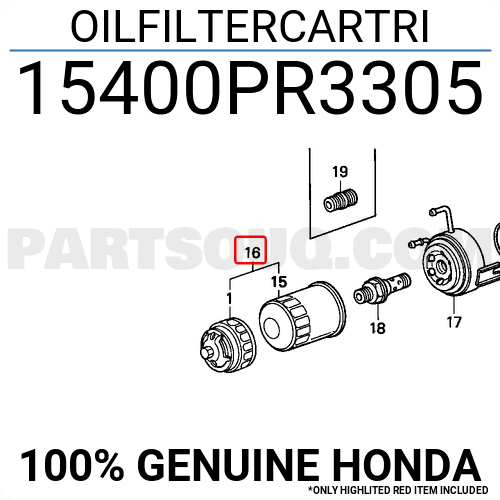 Diagram of a Honda oil filter assembly with part number 15400PR3305, highlighting part 16 in red.