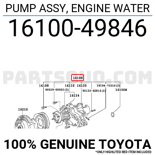Diagram of a Toyota engine water pump assembly with part number 16100-49846 and highlighting part number 16100 in red.