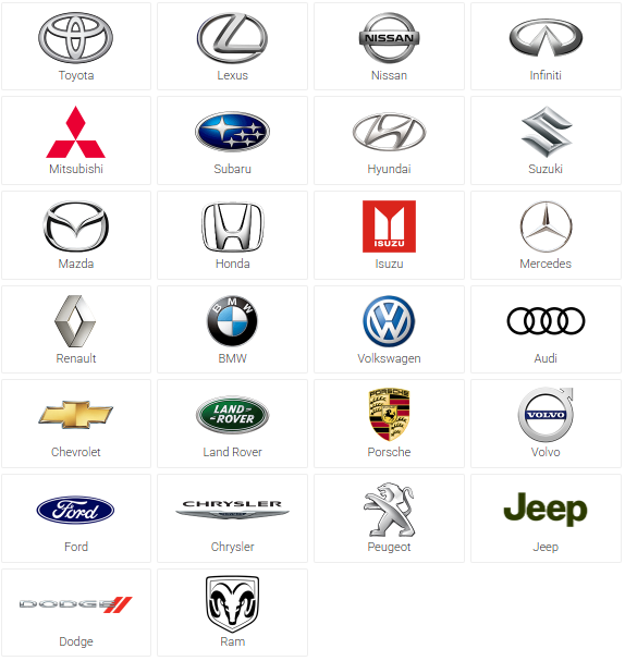 A grid of car manufacturer logos including Toyota, Lexus, Nissan, Infiniti, Mitsubishi, Subaru, Hyundai, Suzuki, Mazda, Honda, Isuzu, Mercedes, Renault, BMW, Volkswagen, Audi, Chevrolet, Land Rover, Porsche, Volvo, Ford, Chrysler, Peugeot, Jeep, Dodge, and Ram.