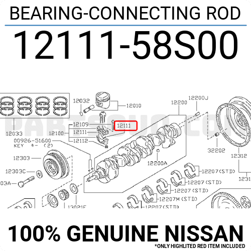 Diagram of a bearing connecting rod assembly with part number 12111-58S00 highlighted in red.