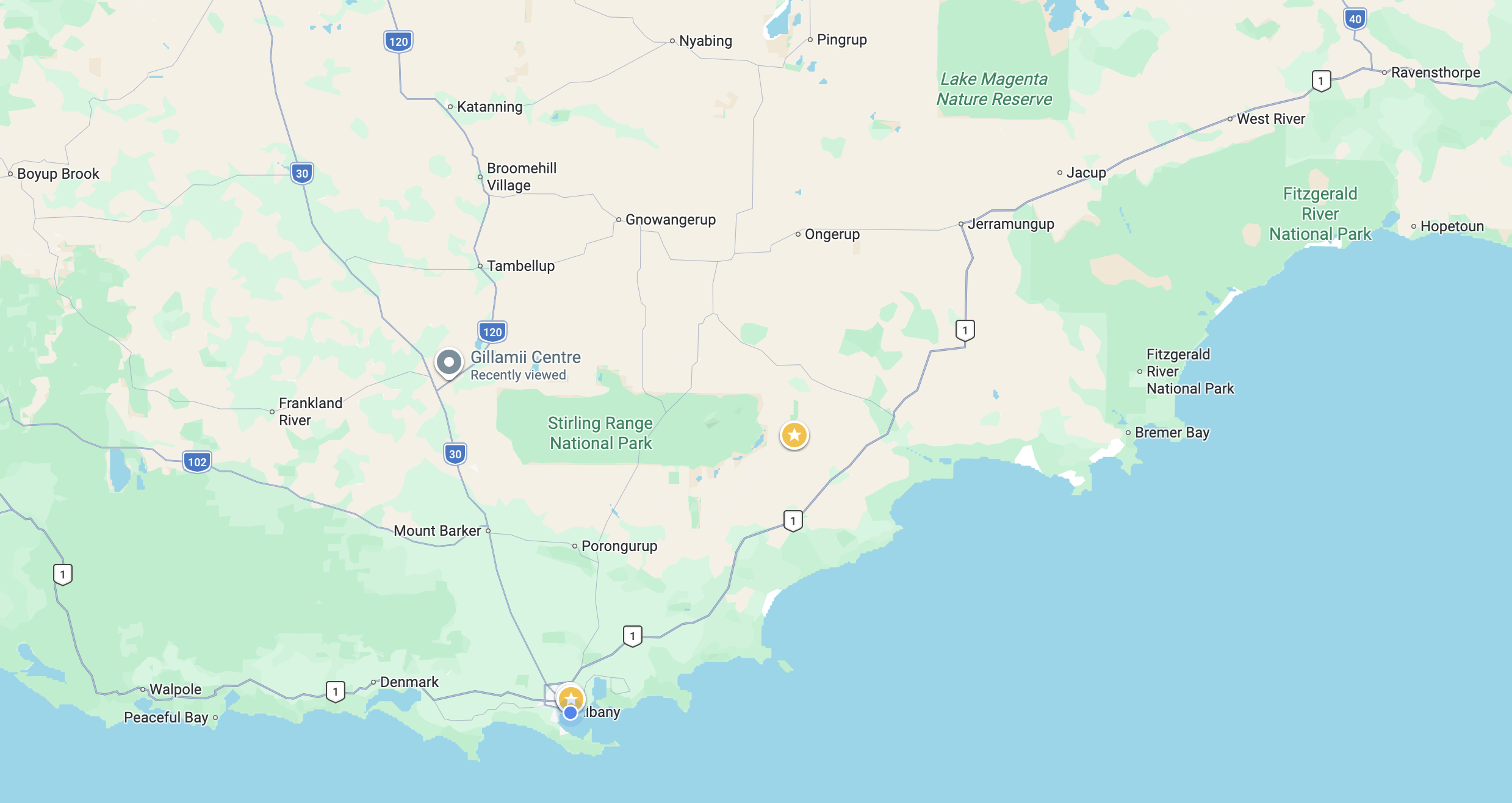 Map showing a region in New York, including towns such as Albany, Mount Barker, Porongurup, and features like Stirling Range National Park and Fitzgerald River National Park along the coastline.
