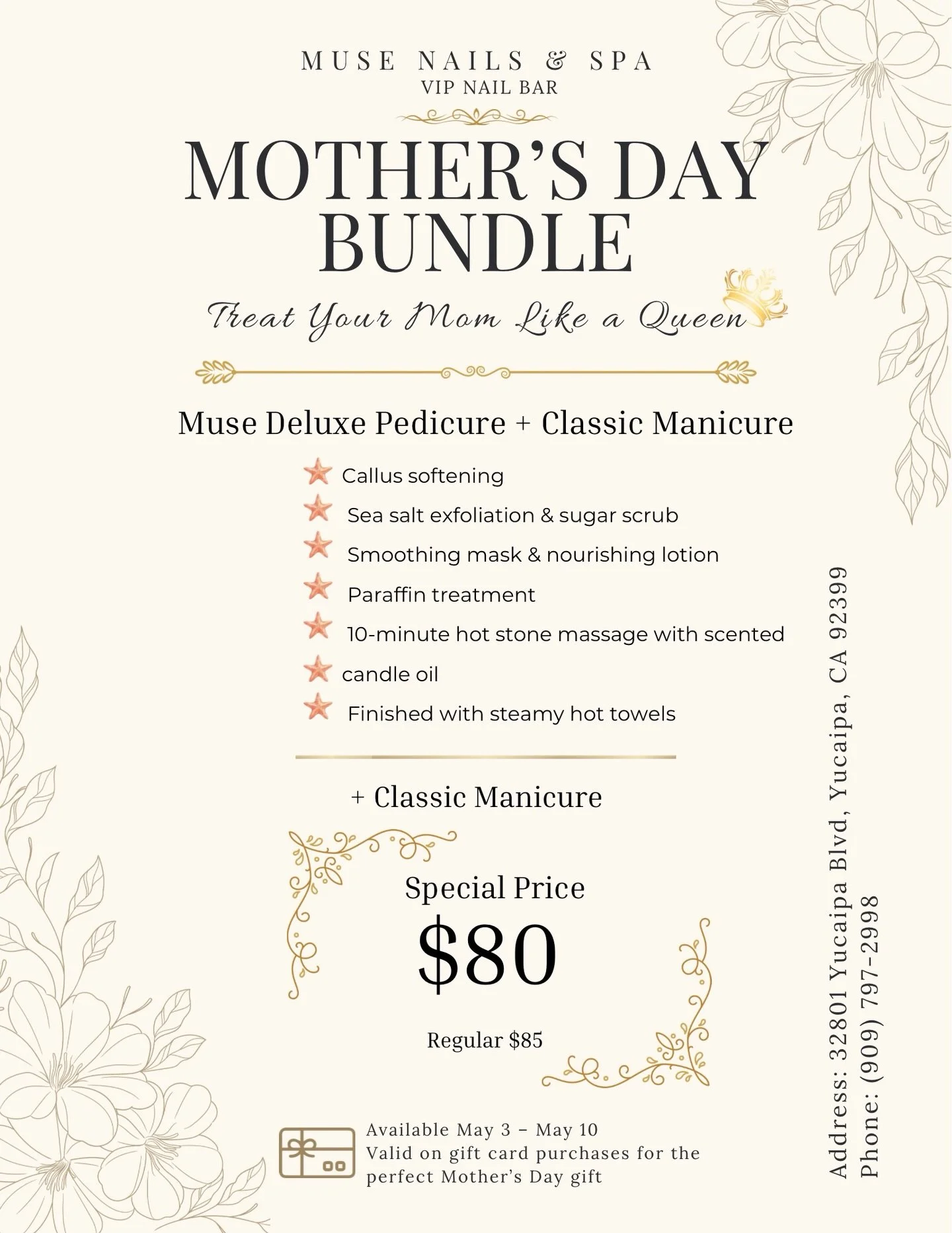 Pamper your mother this Mother&rsquo;s day!! With our Mother&rsquo;s day promotion 
Book now for this Saturday at (909) 797-2998 
Availability are being booked fast! 

#motherdaygift #mothersday #yucaipanails #yucaipasalon nailssalonnearme