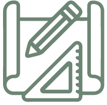 Icon of a pencil, ruler, and triangular ruler on a blueprint or drawing layout