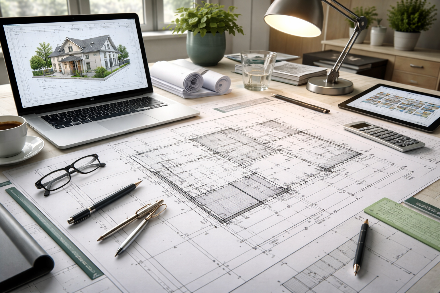 Architectural plans and blueprints on a desk with a laptop displaying a 3D house model, a tablet with images, pens, glasses, a calculator, and a cup of coffee.