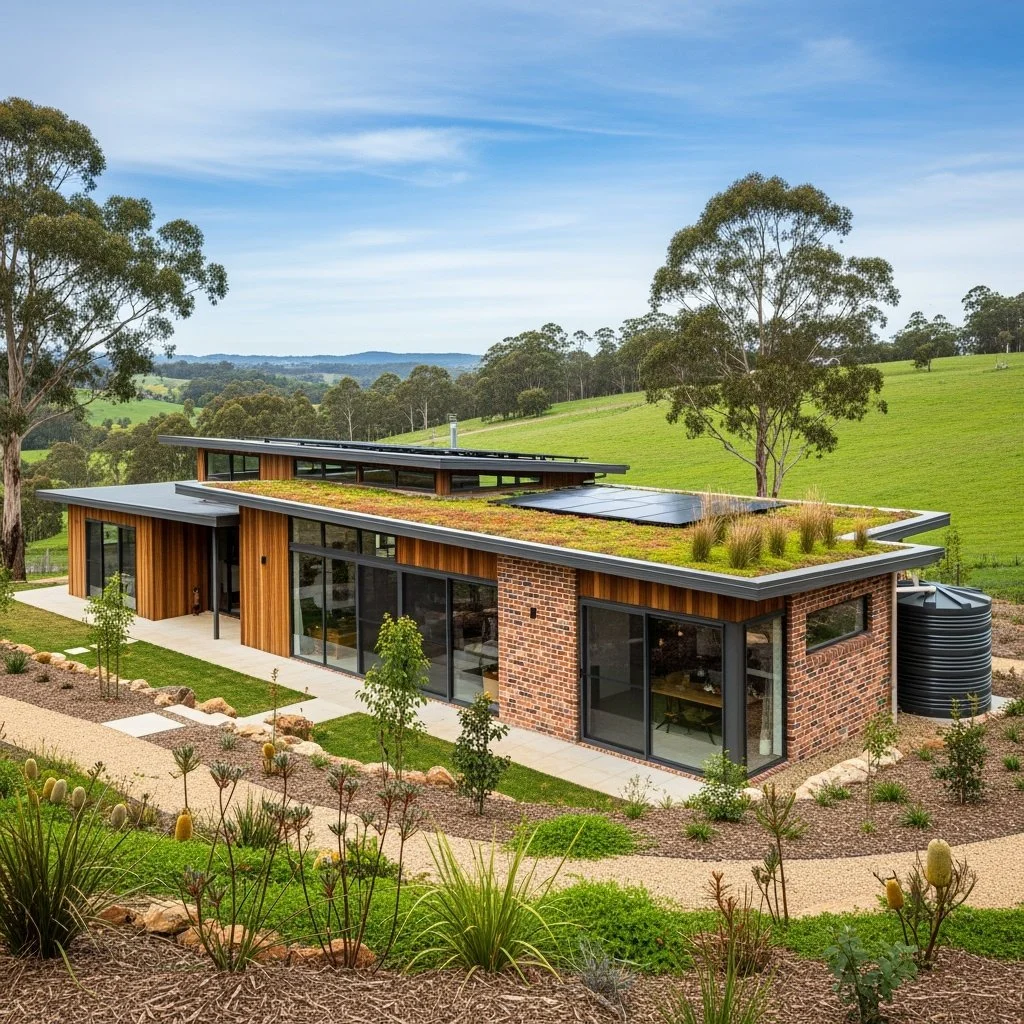 Modern house with a flat roof and glass sliding doors surrounded by landscaped yard with desert plants, trees, and a rural landscape in the background.