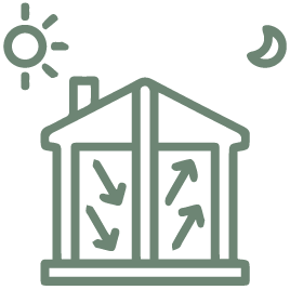 Outline drawing of a house at sunset or night, with visible windows and a chimney.