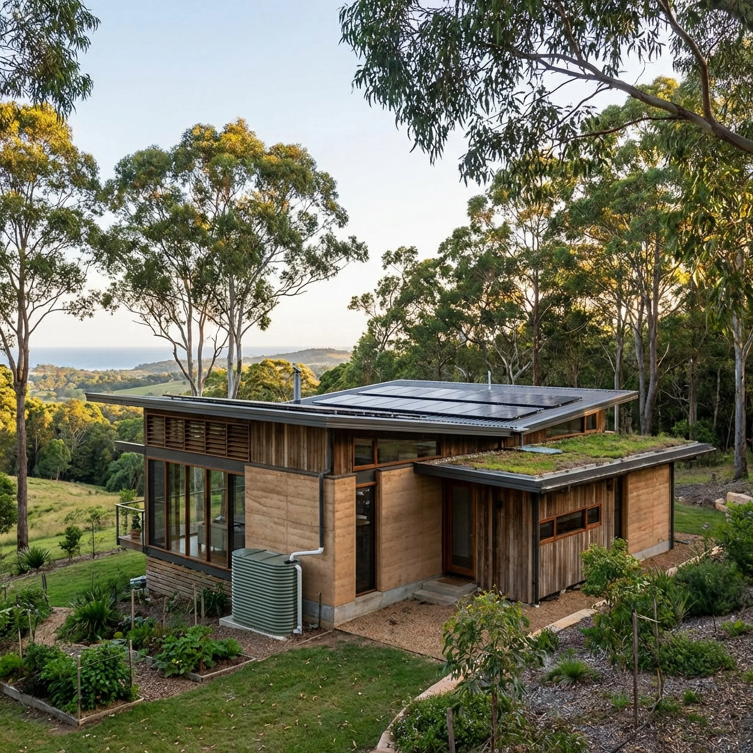 Modern wooden house with large windows and rooftop solar panels, surrounded by trees and greenery, overlooking a rural landscape