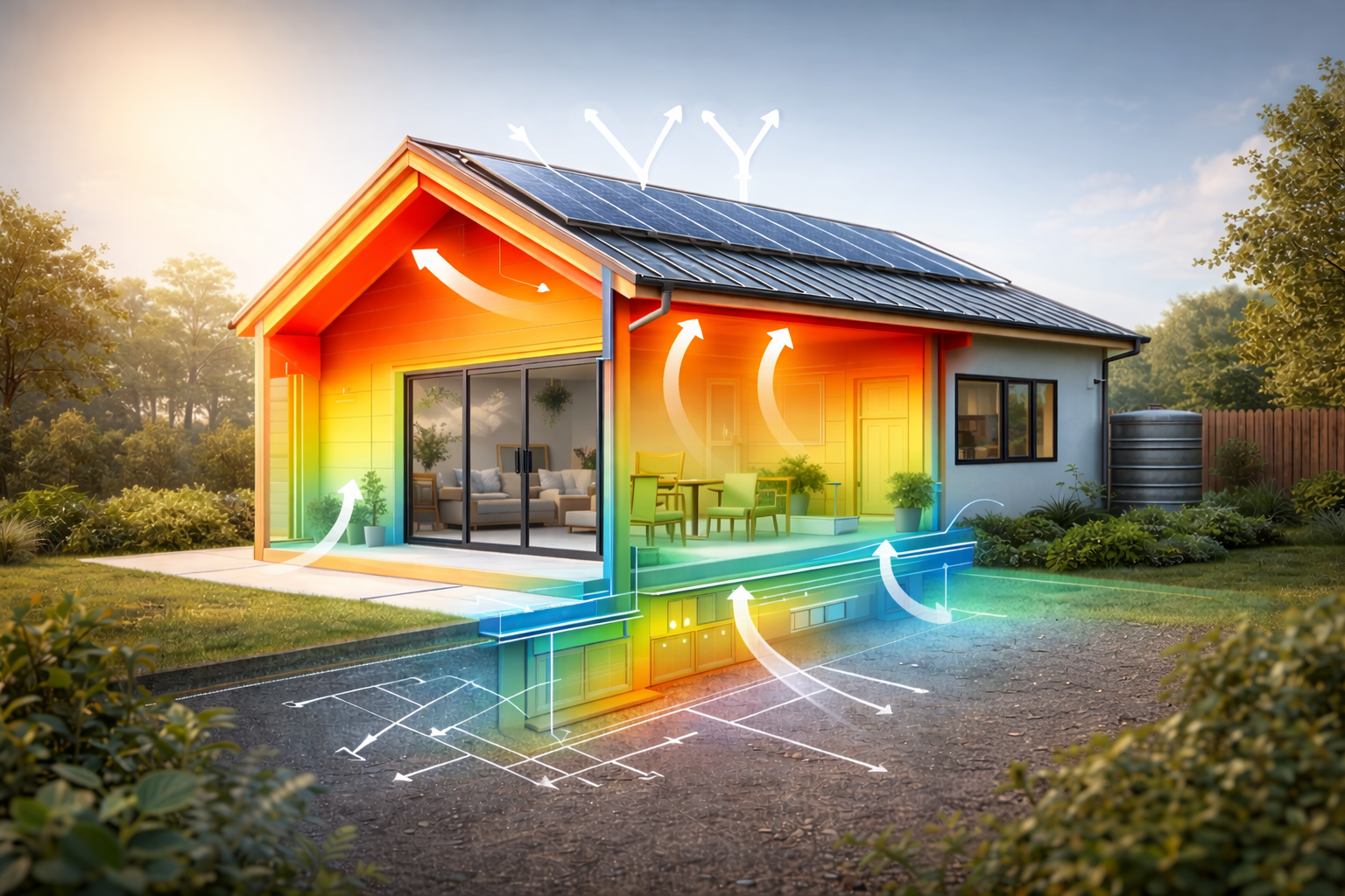 Diagram of a house with solar panels on the roof and arrows indicating heat and air flow for energy efficiency and ventilation.