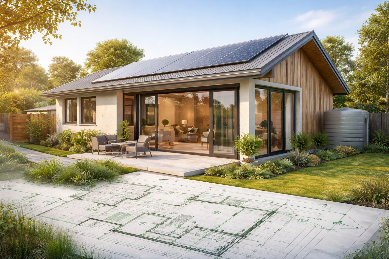 Modern house with solar panels on the roof, large glass sliding doors, outdoor seating area, and lush landscaping.