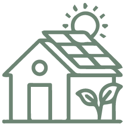 House with solar panels on the roof, a small tree in front, and the sun shining above