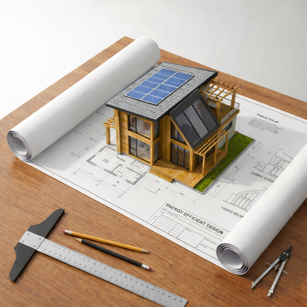 A miniature model of a modern house with solar panels on the roof sits on architectural blueprints on a wooden table, with drafting tools nearby.