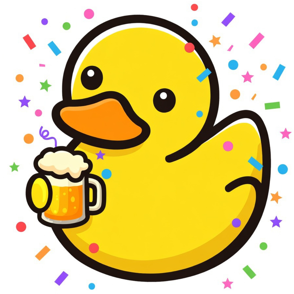 Dibujo de un pato amarillo con ojos grandes y una sonrisa, sosteniendo una taza de cerveza con espuma, rodeado de confeti de colores.