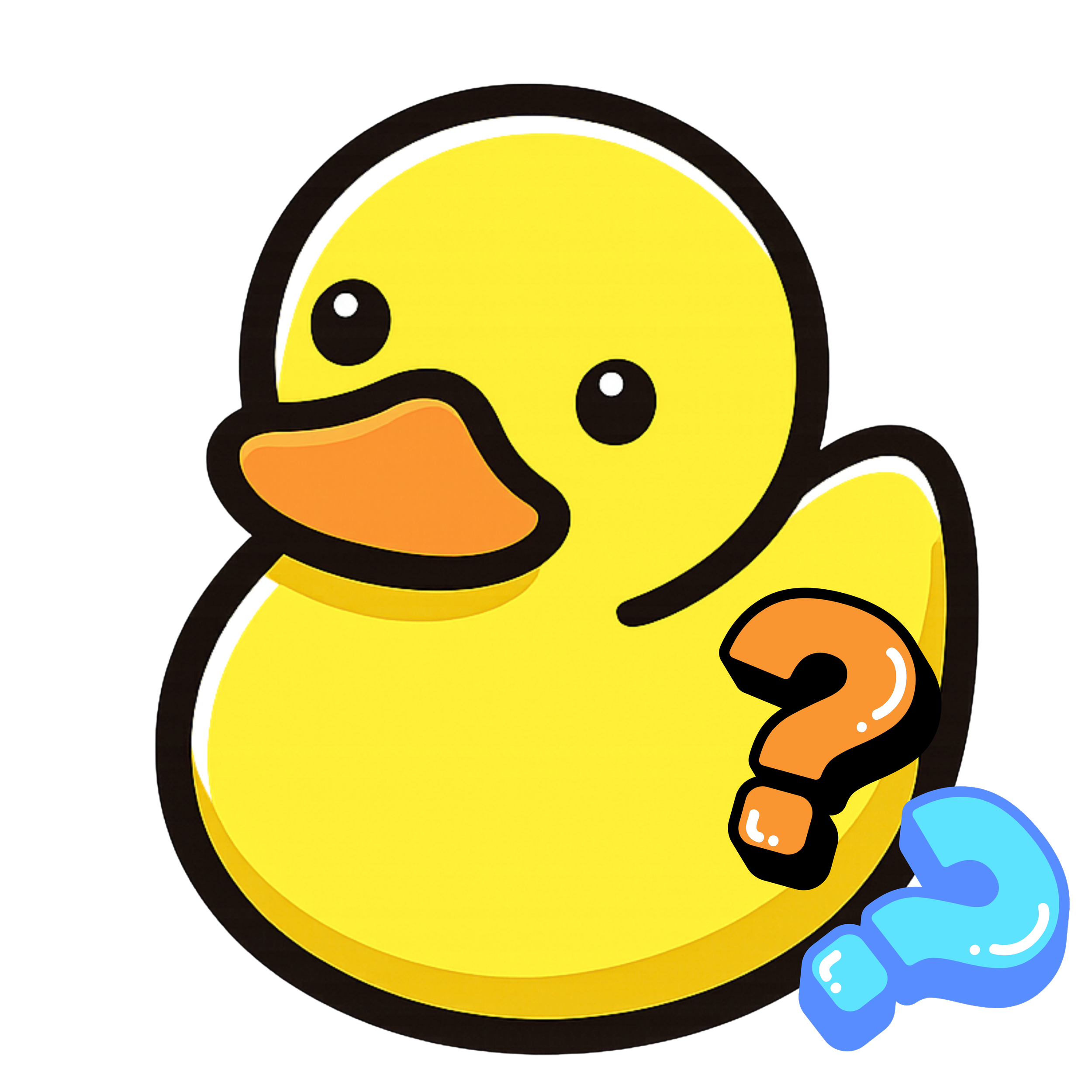 Dibujos de un pato amarillo con rostro caricaturesco y un signo de interrogación azul y naranja.