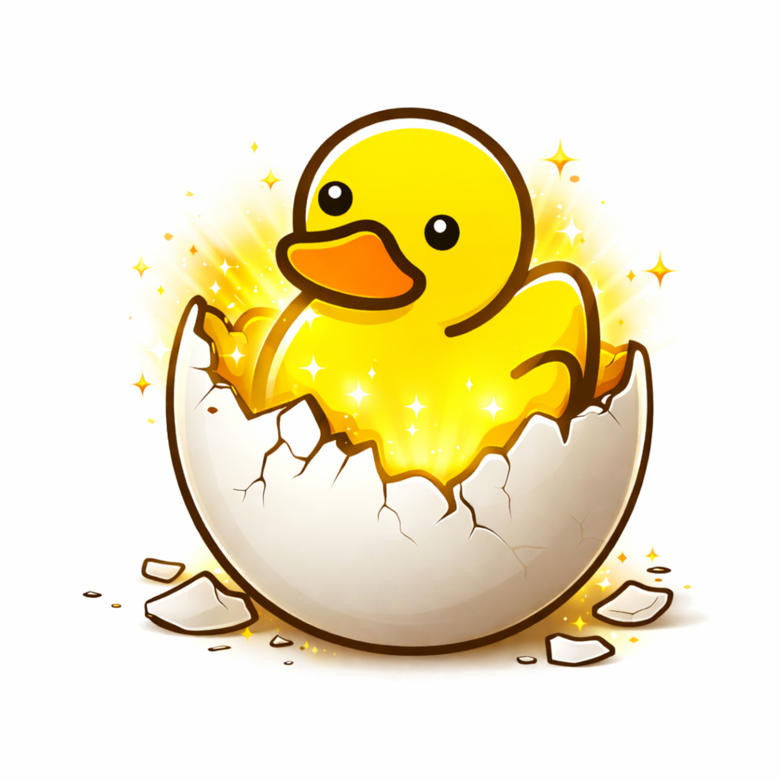 Pato amarillo saliendo de un huevo roto, rodeado de brillo y estrellas