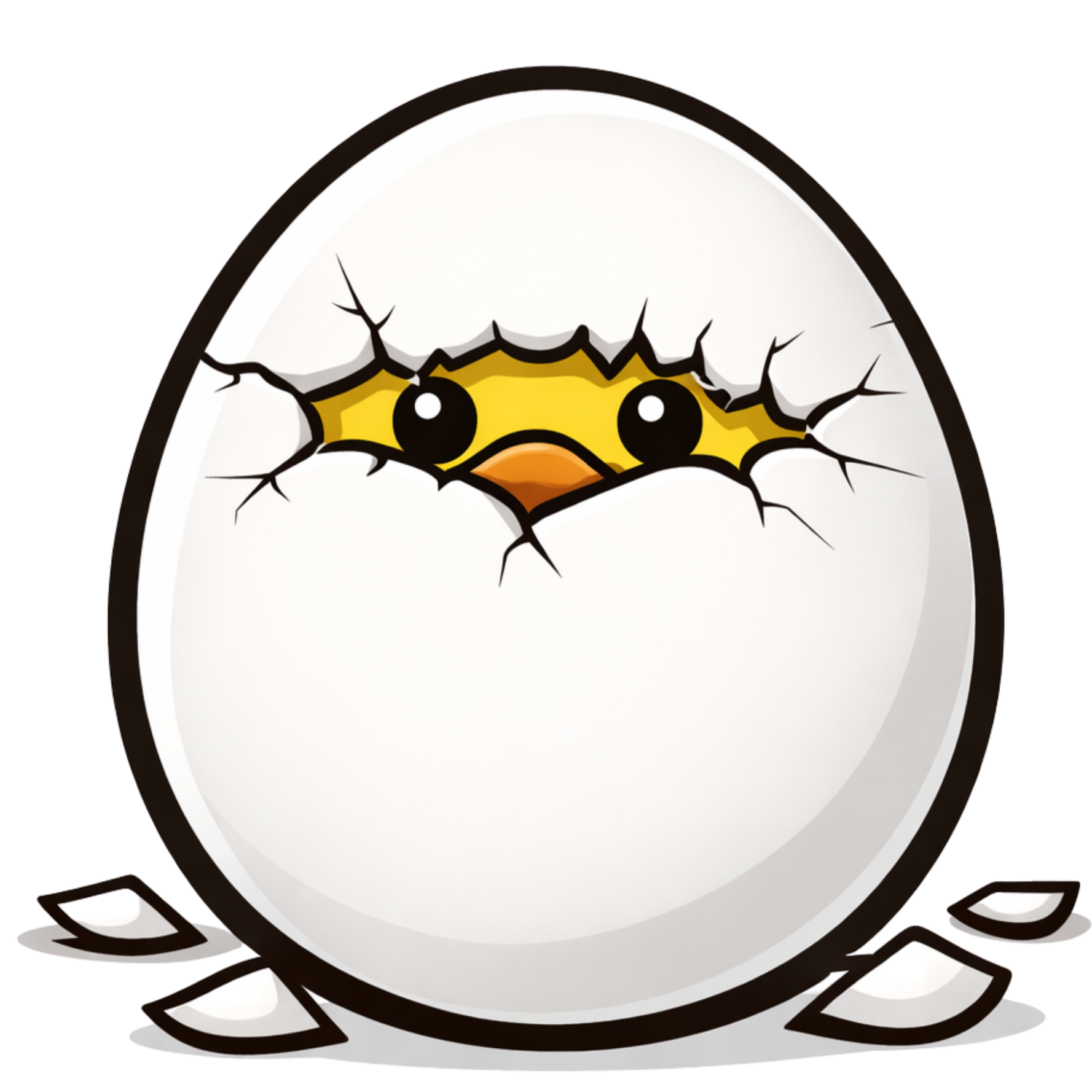 Huevo con cara de pollito con ojos grandes y boca en la parte de la yema, rompiendo la cáscara, con vidrios y pedazos rotos alrededor.