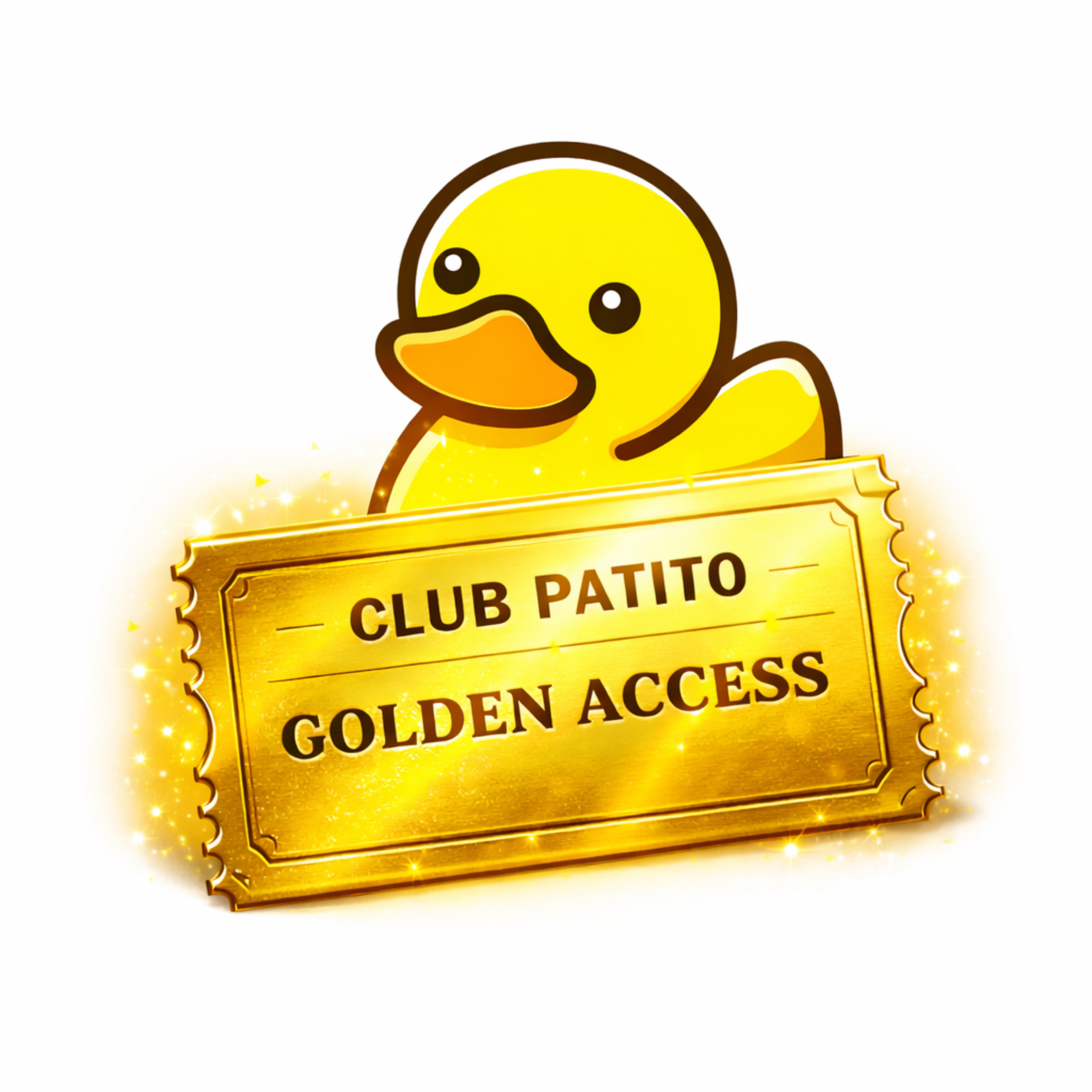 Pollito amarillo sosteniendo un boleto dorado que dice 'Club Patito Golden Access' rodeado de efectos de brillo dorado.