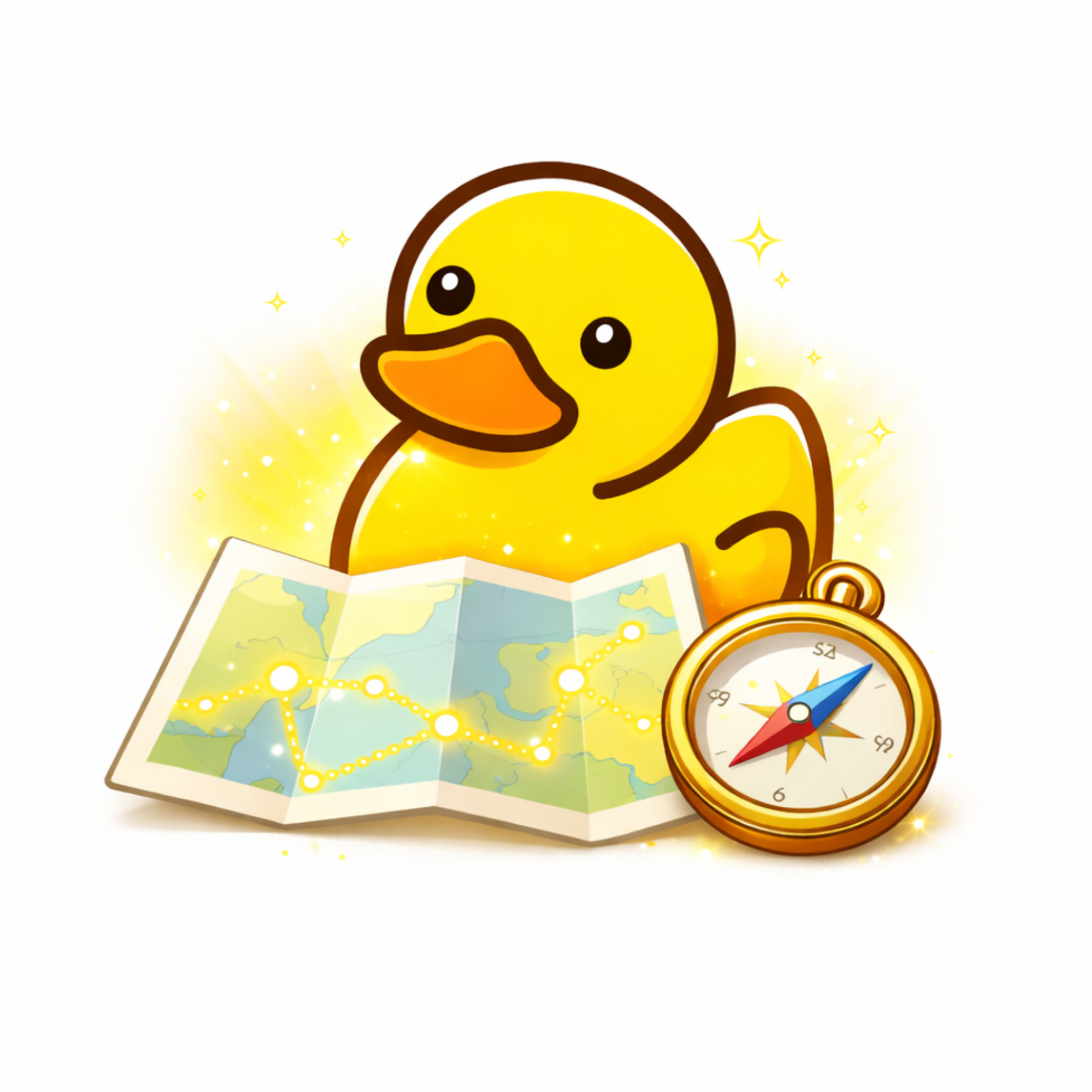 Un pato de dibujos animados con un mapa y una brújula, simbolizando aventura y orientación.