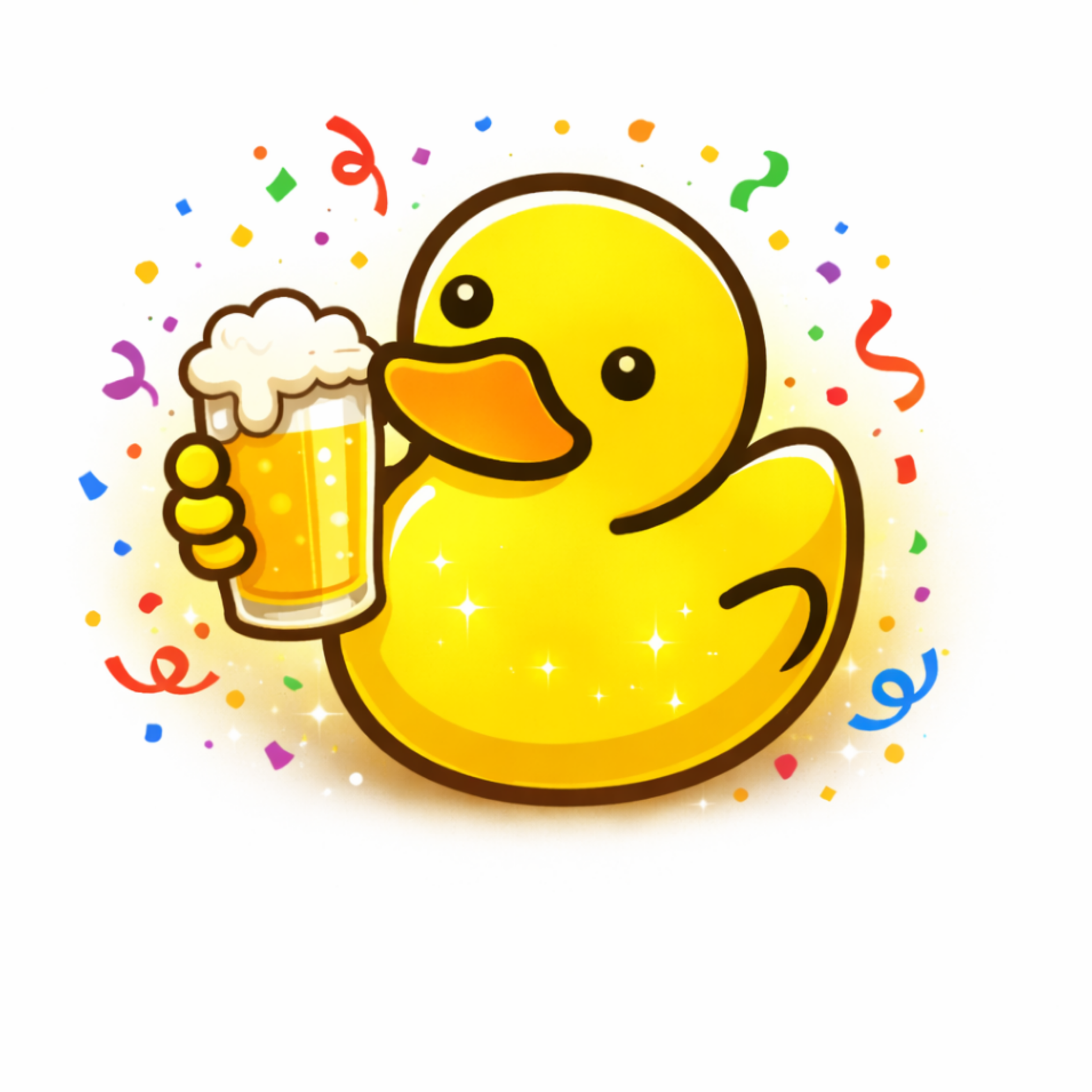 Patito amarillo caricaturesco sosteniendo una jarra de cerveza, rodeado de serpentinas y confeti de colores, con destellos brillantes en el fondo.