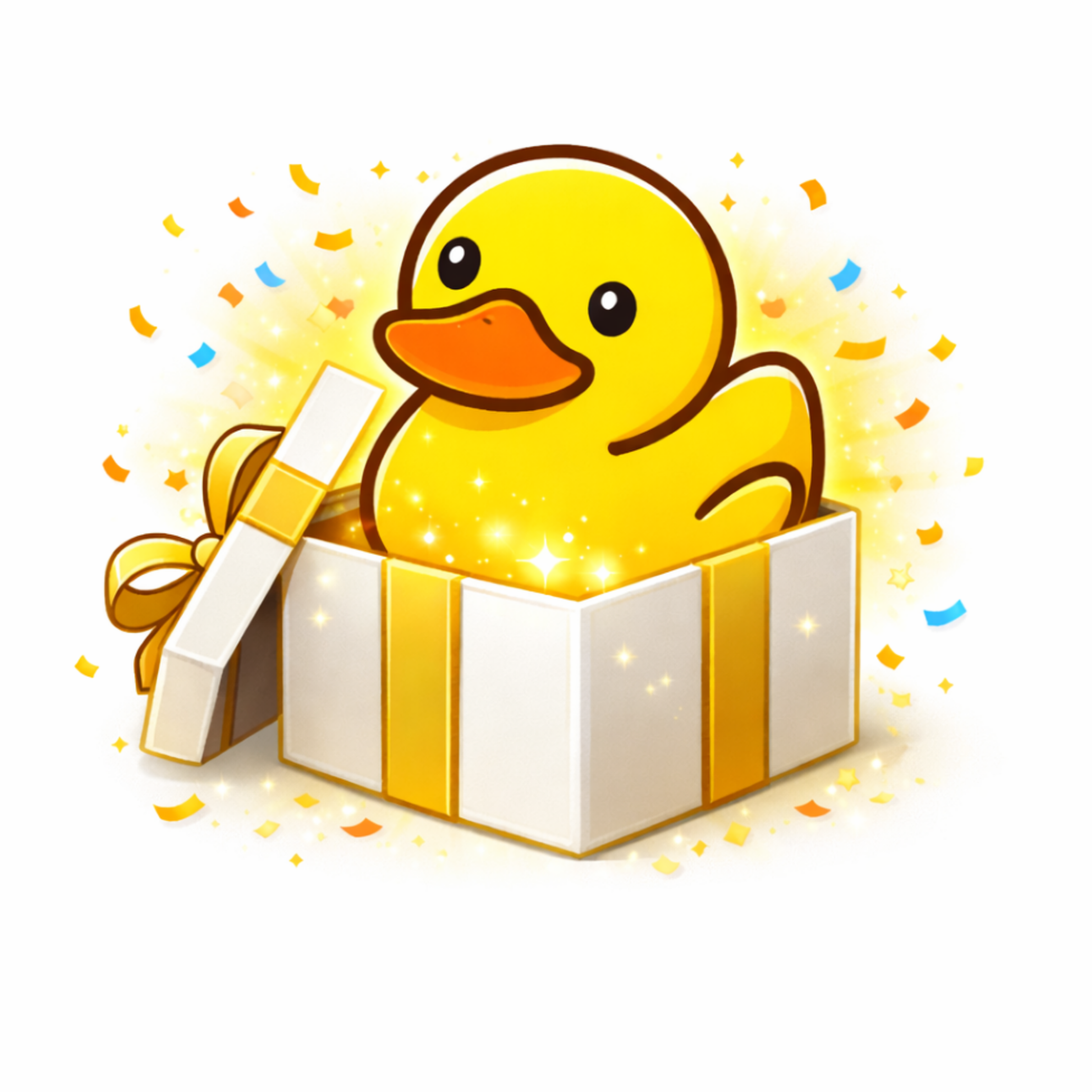 Un pato amarillo en una caja decorada con cintas doradas y confeti multicolor, brillante y festivo.