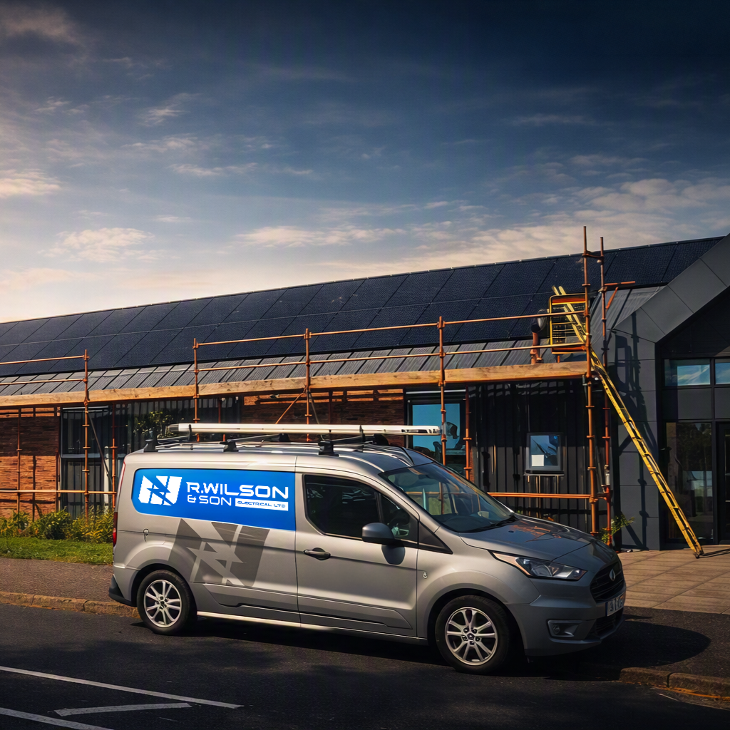 A silver van parked in front of a building under construction, with scaffolding and solar panels on the roof, and a person working on the scaffolding at the side of the building.