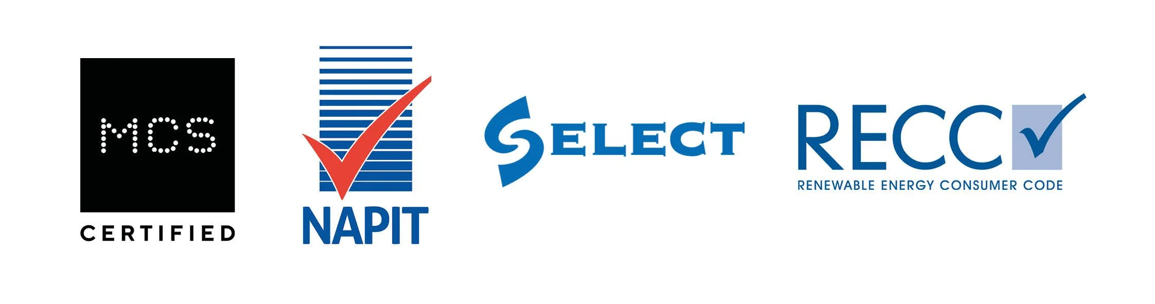 Logos of certification programs: ICMs Certified, NAPIT, Select Recc, RECC, with checkmark, Renewable Energy Consumer Code