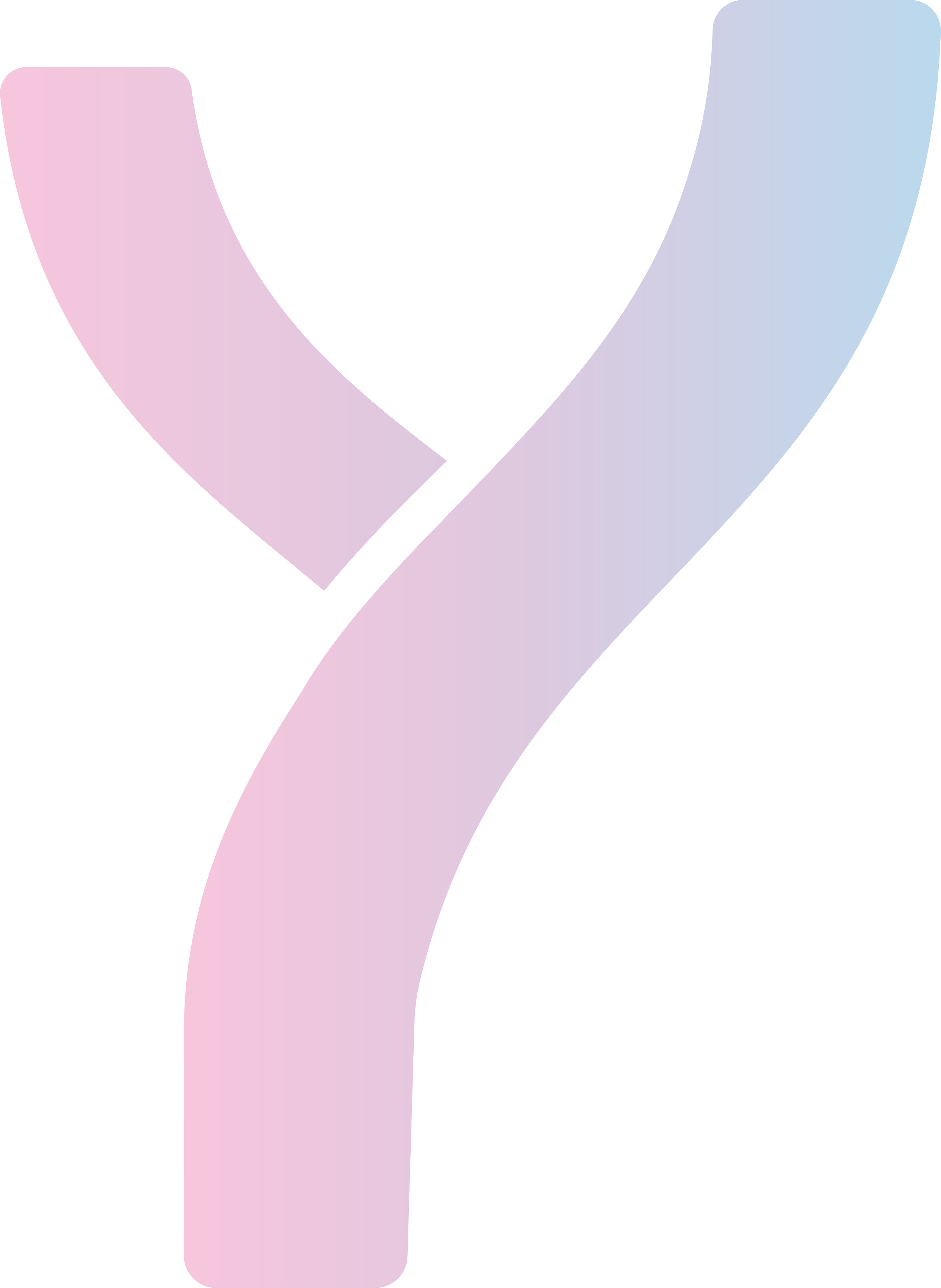 Logo dégradé de couleurs rose, violet et bleu en forme de Y stylisé.