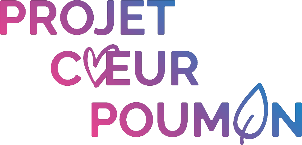 Logo avec les mots 'Projet cœur poumon' stylisés, utilisant des couleurs dégradées de violet, rose et bleu, avec un motif de cœur et de feuille intégrés dans le texte.