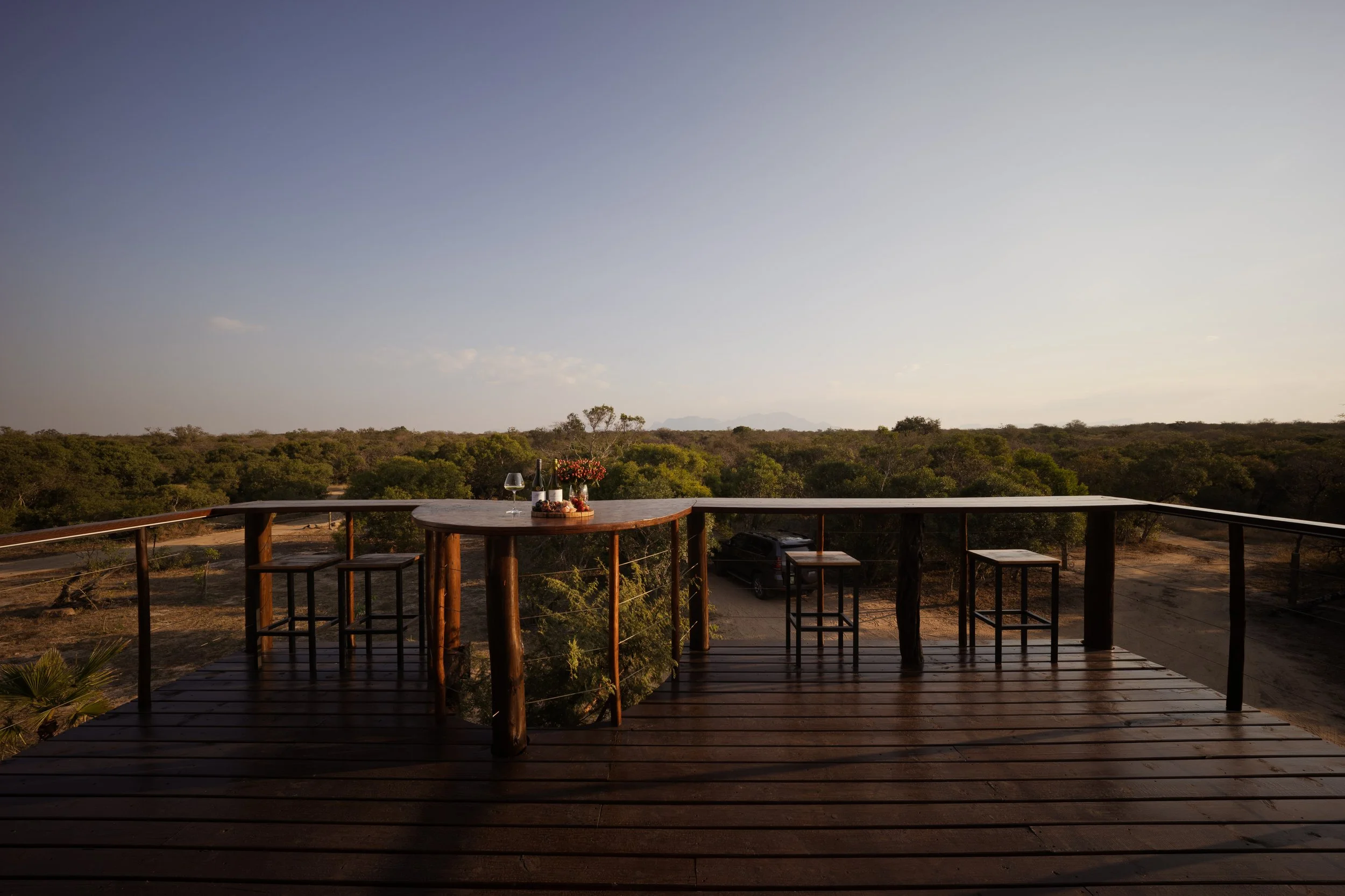 Wooden balcony with bar seating overlooking the bushveld and distant mountains — Moditlo, Greater Kruger.