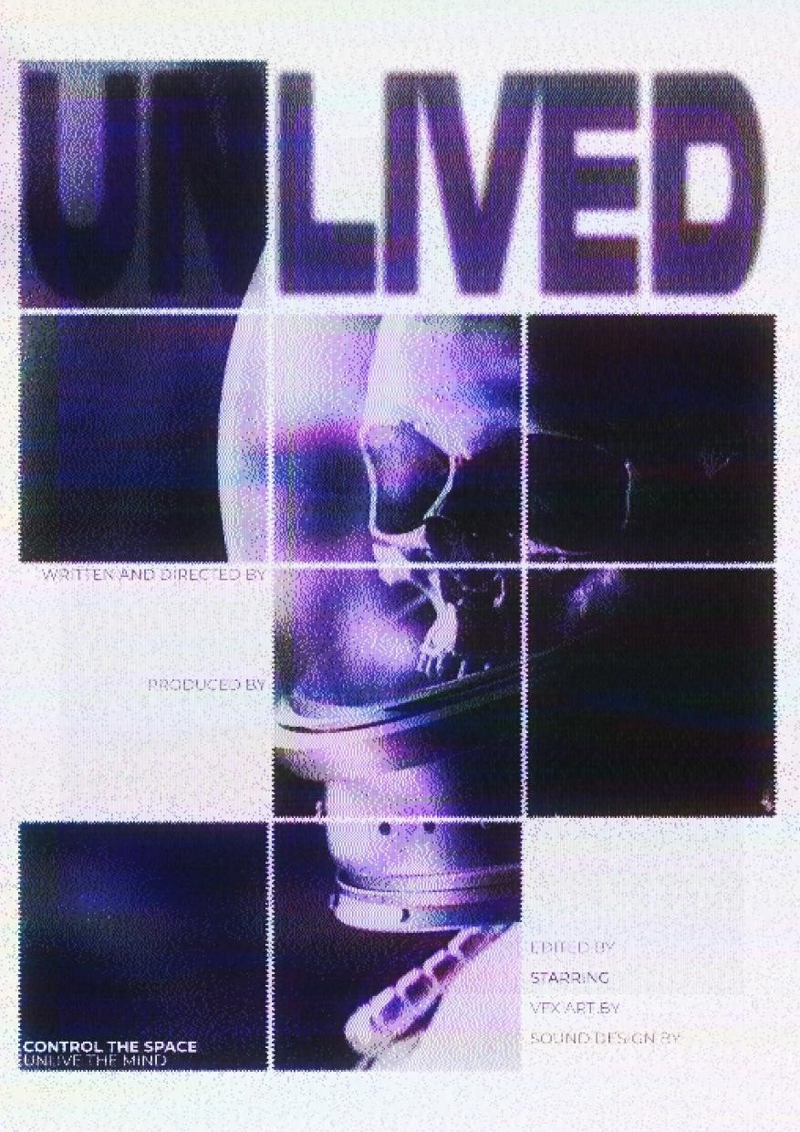 Une affiche de style futuriste avec un casque d'astronaute, le texte 'UNLIVED' en haut, et des crédits en bas. Couleurs violettes et noires dominantes.