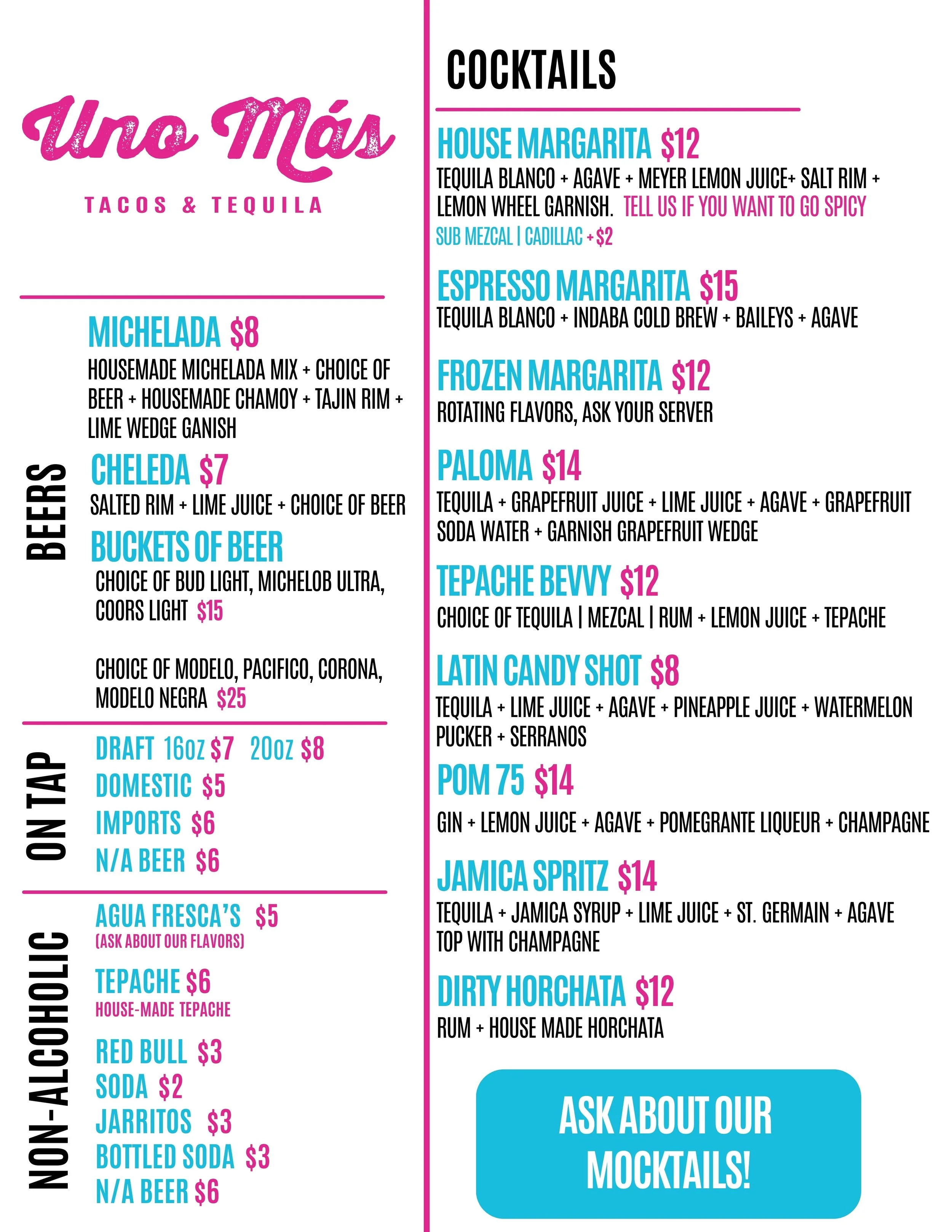 Drink menu featuring various cocktails, beers, non-alcoholic beverages, and house-made tepache, including options such as house margarita, espresso margarita, frozen margarita, paloma, tepache bevvy, Latin candy shot, pom 75, jamaica spritz, and dirty horchata.
