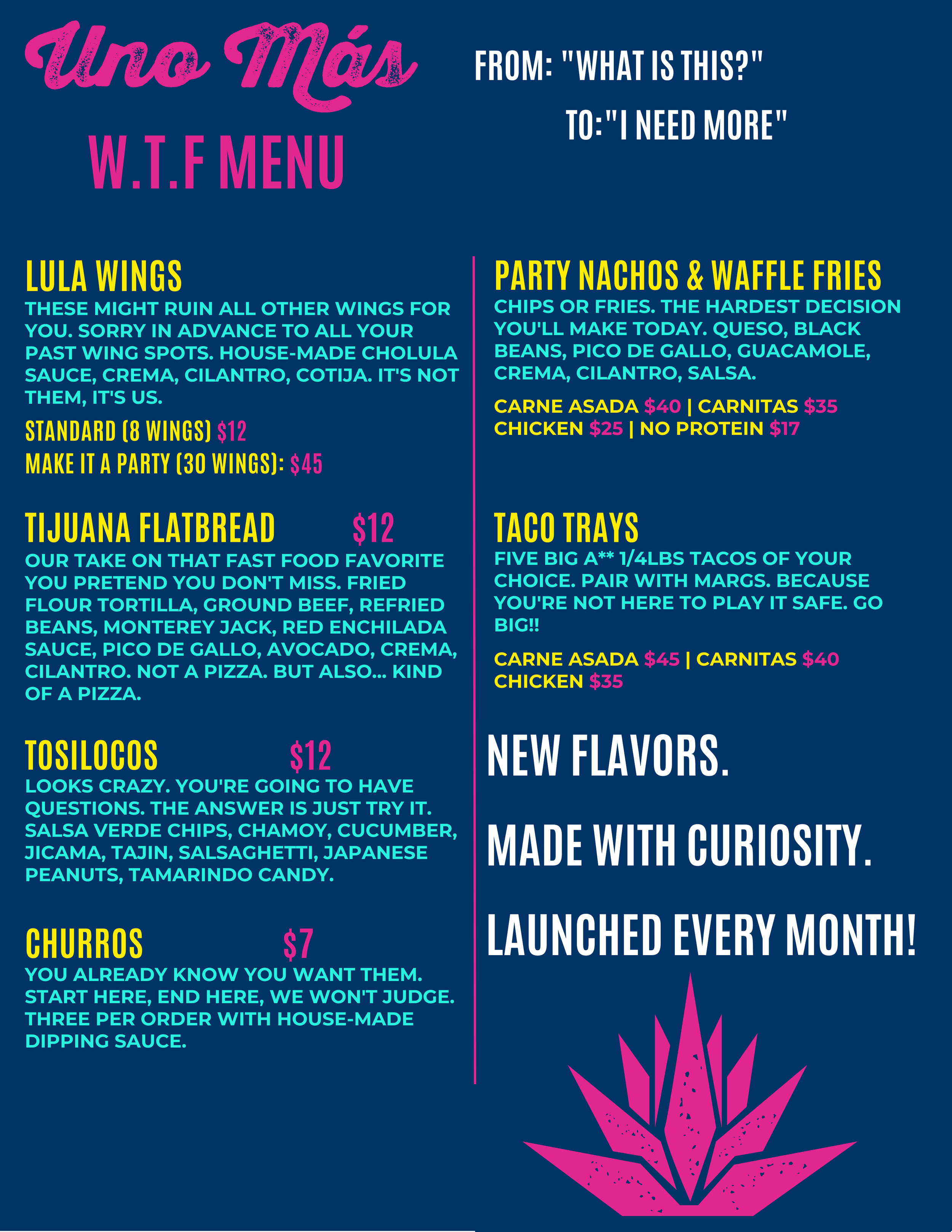 Menu titled 'Uno Más W.T.F Menu' featuring sections for wings, tacos, nachos, waffle fries, and more, with colorful text and graphics.