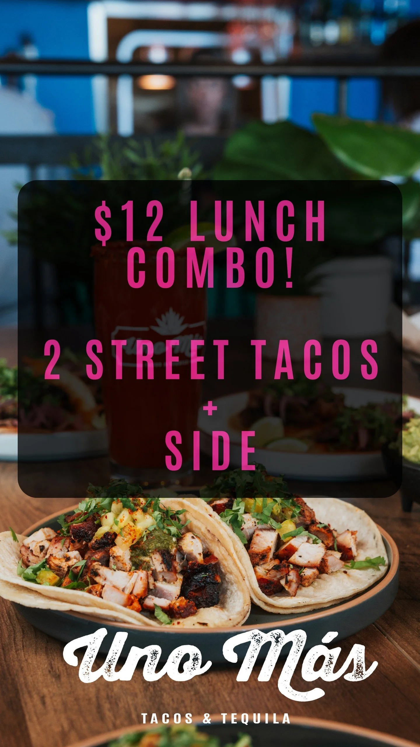 Lunch on 🔥! Every day, 11 AM-5 PM. 2 Tacos + side = $12. Thirsty? $10 Margaritas. Grab 'em! 🌮🍹💰
