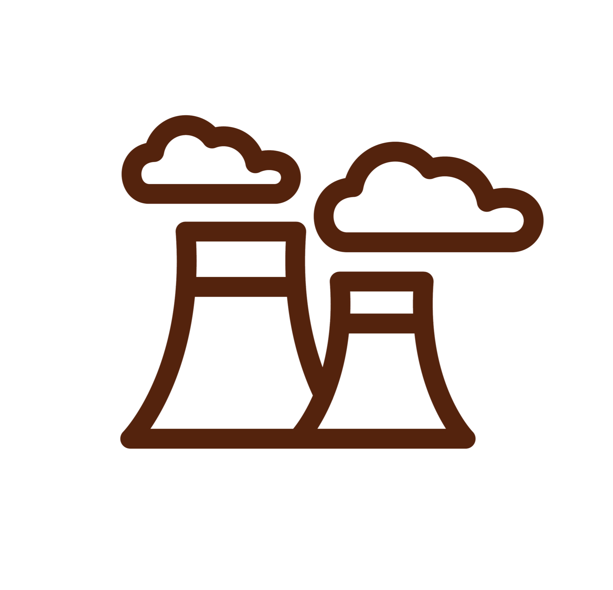 Line drawing of two cooling towers emitting clouds of steam or smoke, representing a nuclear power plant.