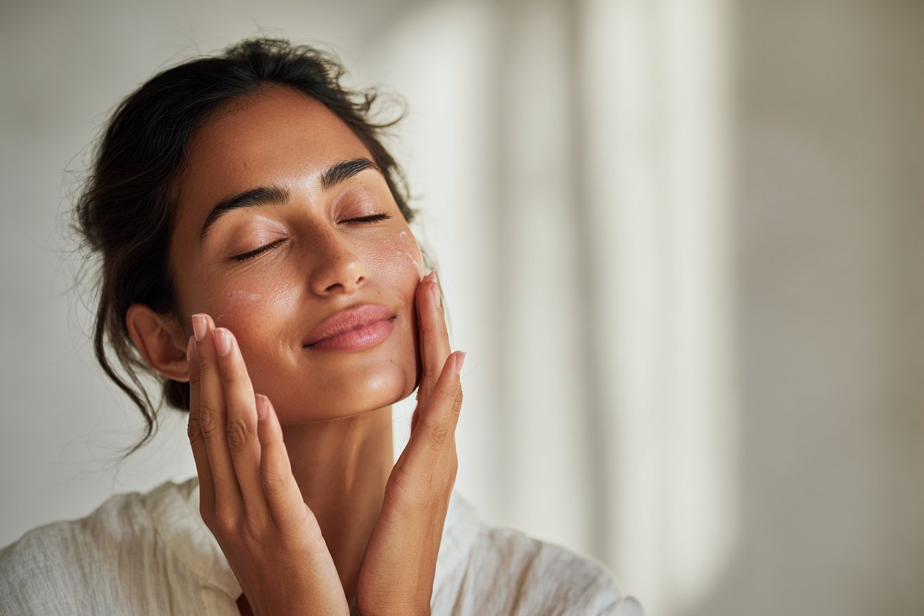 A woman with dark hair and clear skin gently touching her face with both hands, appearing to enjoy a skincare routine or massage.