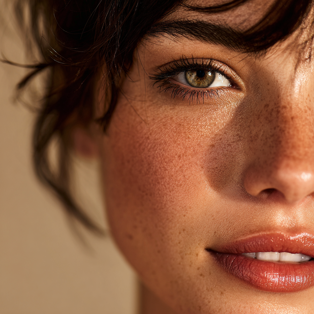 Close-up of a woman's face, showing her eye, part of her nose, and lips with freckles and natural makeup.