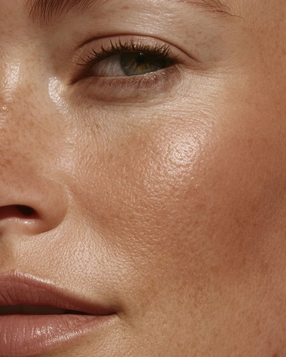 Close-up of a person's face showing an eye, nose, and lips with clear, smooth skin and visible freckles.