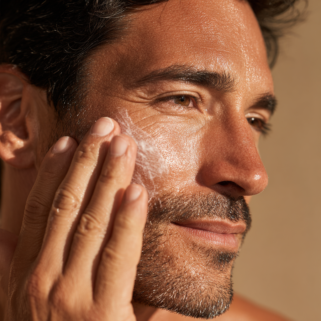 A man applies facial cleanser to his cheek, smiling as he washes his face.