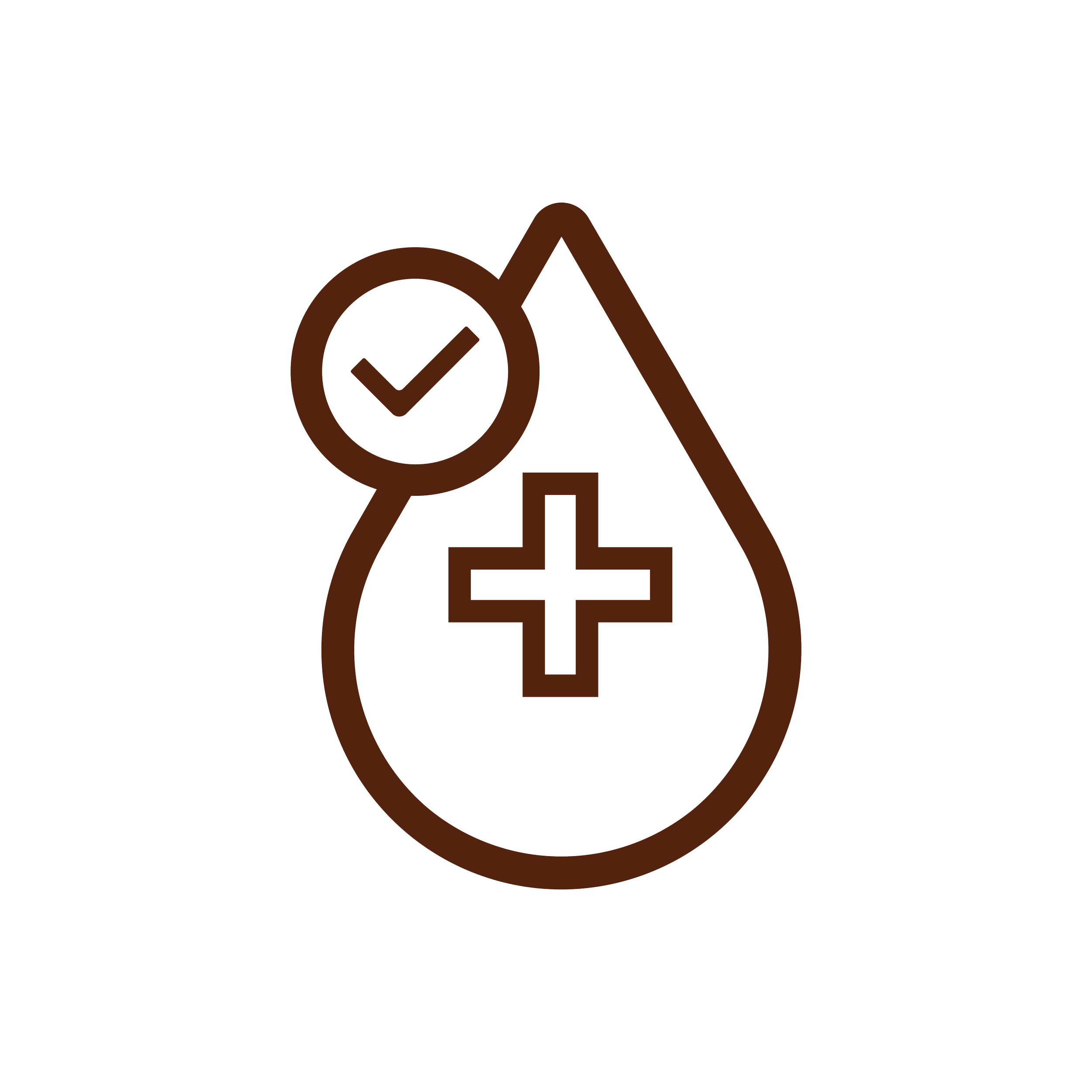 A line drawing of a blood drop with a medical cross inside and a checkmark inside a circle overlapping the top left of the drop.