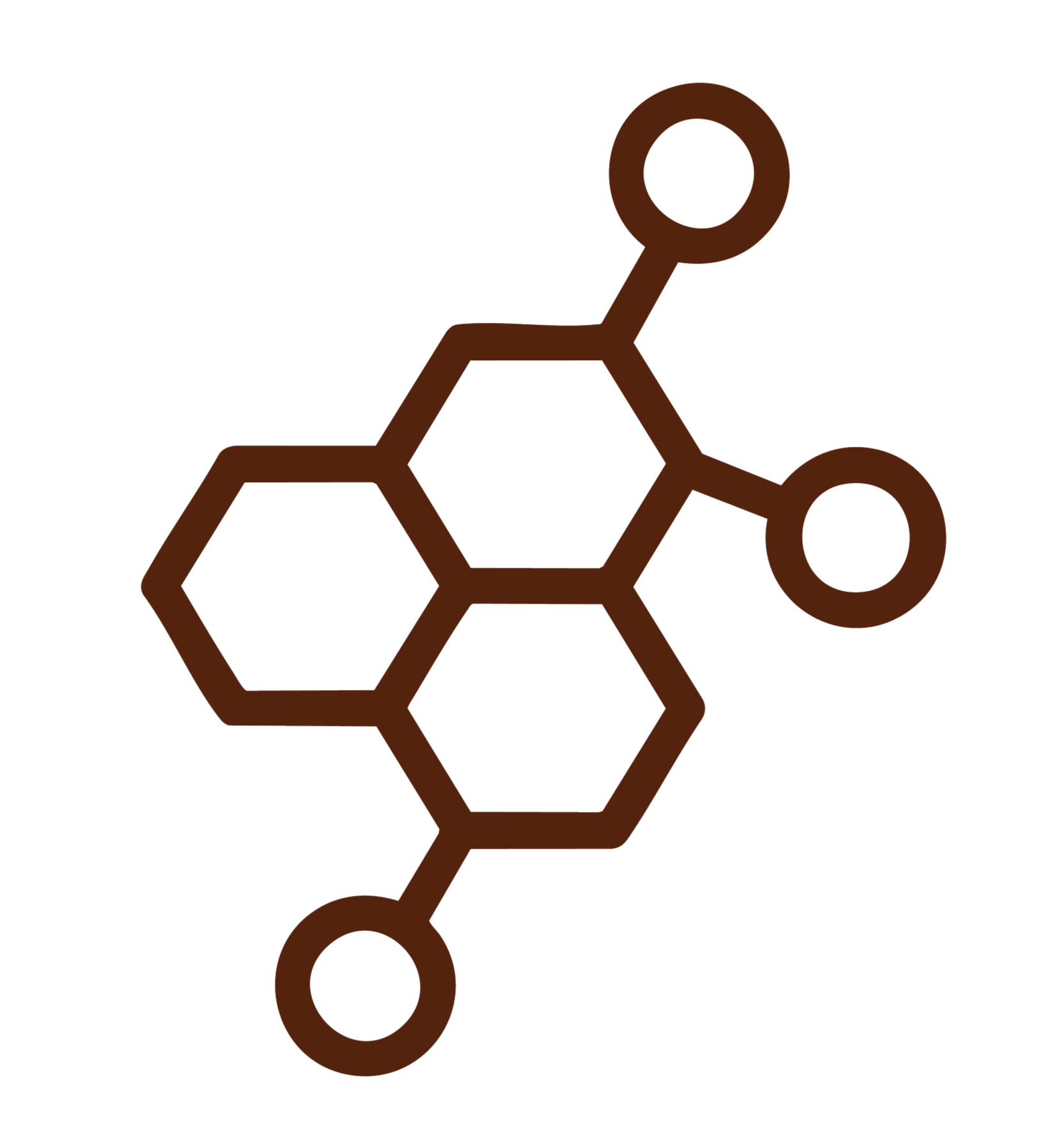 Simplified illustration of a chemical molecule with three hexagonal rings and two circles attached to the rings.